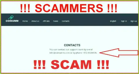 Coinumm Com phone number listed on the scammers website