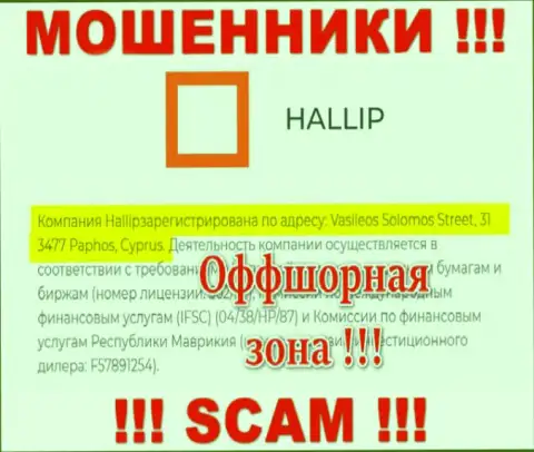 Постарайтесь держаться подальше от оффшорных internet-мошенников Hallip !!! Их официальный адрес регистрации - Vasileos Solomos Street, 31 3477 Paphos, Cyprus
