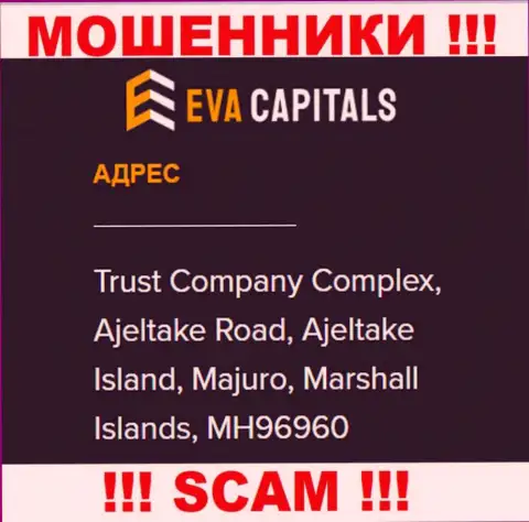 На ресурсе Eva Capitals показан офшорный адрес регистрации компании - Trust Company Complex, Ajeltake Road, Ajeltake Island, Majuro, Marshall Islands, MH96960, осторожно - лохотронщики