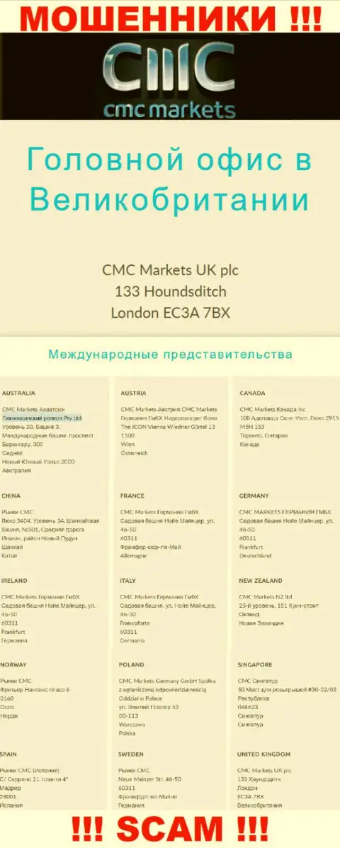 На интернет-ресурсе организации CMC Markets предоставлен левый адрес - это МОШЕННИКИ !