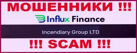 На официальном сайте InFlux Finance мошенники пишут, что ими управляет Incendiary Group LTD