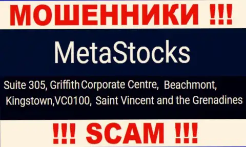 На официальном сайте MetaStocks Co Uk опубликован юридический адрес указанной компании - Сьюит 305, Корпоративный Центр Гриффитш, Кингстаун, VC0100, Сент-Винсент и Гренадины (офшорная зона)