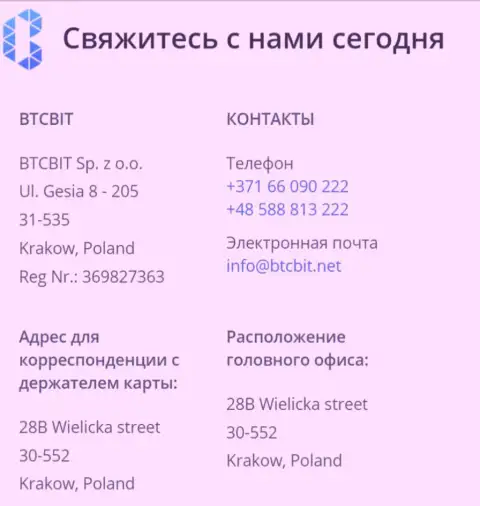 Контактные данные обменки BTCBIT Sp. z.o.o