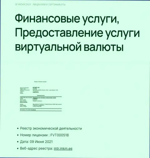 Лицензия online-обменника БТЦБИТ ОЮ на предоставление услуг с виртуальными активами