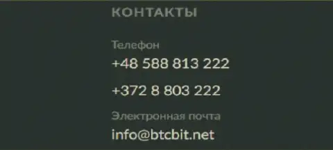Телефон и е-мейл компании BTC Bit