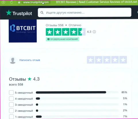 Оценка качества сервиса обменного онлайн-пункта БТЦБит на веб-ресурсе trustpilot com
