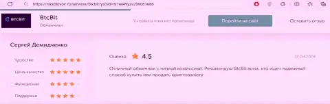 Отзыв пользователя БТКБит об процентах криптовалютной online-обменки, выложенный на сайте НикСоколов Ру