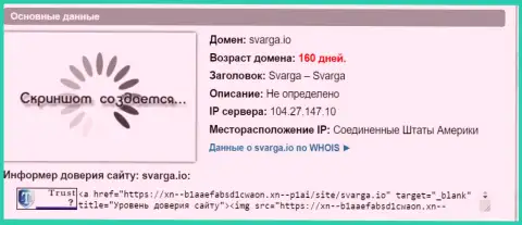 Возраст доменного имени Forex дилингового центра Svarga IO, исходя из справочной инфы, полученной на web-портале doverievseti rf