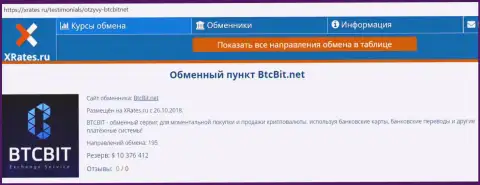 Краткая справочная информация об online обменнике BTCBit на сайте xrates ru